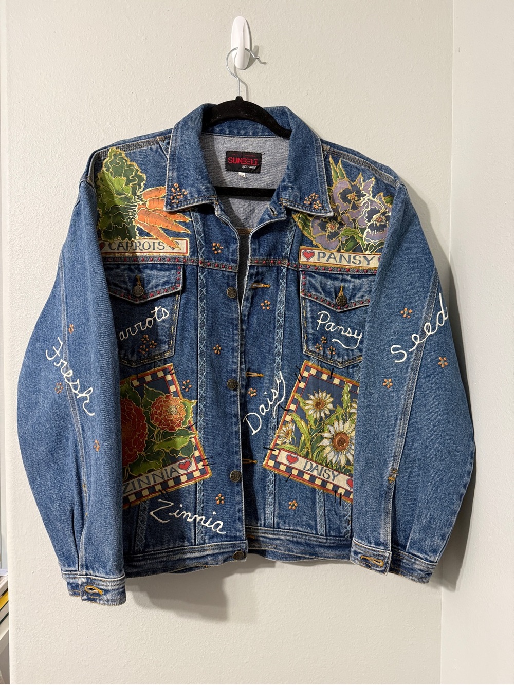 Upcycled Handmade Unique Blue Denim Jacket Colorful Patch Artwork Cotton Vintage